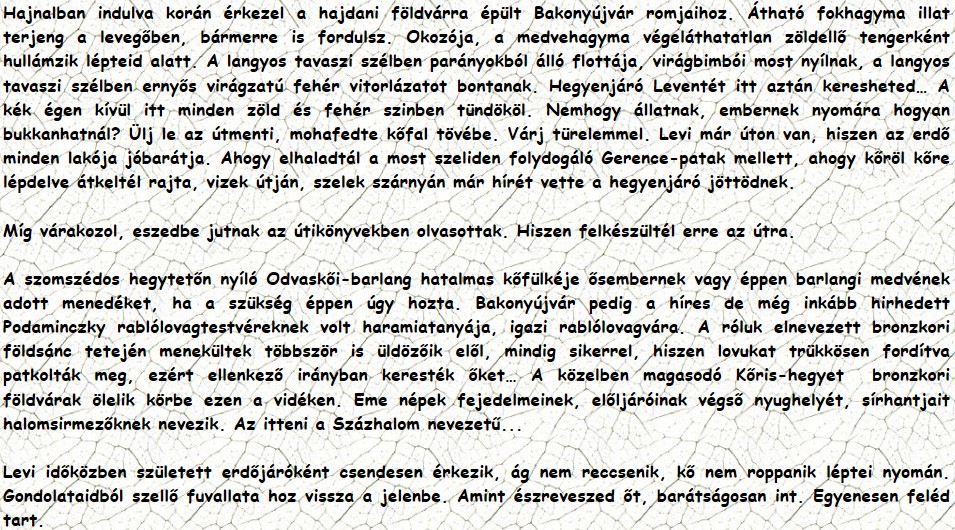 Hajnalban indulva korán érkezel a hajdani földvárra épült Bakonyújvár romjaihoz. Átható fokhagyma illat terjeng a levegőben, bármerre is fordulsz. Okozója, a medvehagyma végeláthatatlan zöldellő tengerként hullámzik lépteid alatt. A langyos tavaszi szélben parányokból álló flottája, virágbimbói most nyílnak, a langyos tavaszi szélben ernyős virágzatú fehér vitorlázatot bontanak. Hegyenjáró Leventét itt aztán keresheted… A kék égen kívül itt minden zöld és fehér szinben tündököl. Nemhogy állatnak, embernek nyomára hogyan bukkanhatnál? Ülj le az útmenti, mohafedte kőfal tövébe. Várj türelemmel. Levi már úton van, hiszen az erdő minden lakója jóbarátja. Ahogy elhaladtál a most szeliden folydogáló Gerence-patak mellett, ahogy kőröl kőre lépdelve átkeltél rajta, vizek útján, szelek szárnyán már hírét vette a hegyenjáró jöttödnek. Míg várakozol, eszedbe jutnak az útikönyvekben olvasottak. Hiszen felkészültél erre az útra. A szomszédos hegytetőn nyíló Odvaskői-barlang hatalmas kőfülkéje ősembernek vagy éppen barlangi medvének adott menedéket, ha a szükség éppen úgy hozta. Bakonyújvár pedig a híres de még inkább hirhedett Podaminczky rablólovagtestvéreknek volt haramiatanyája, igazi rablólovagvára. A róluk elnevezett bronzkori földsánc tetején menekültek többször is üldözőik elől, mindig sikerrel, hiszen lovukat trükkösen fordítva patkolták meg, ezért ellenkező irányban keresték őket… A közelben magasodó Kőris-hegyet  bronzkori földvárak ölelik körbe ezen a vidéken. Eme népek fejedelmeinek, előljáróinak végső nyughelyét, sírhantjait halomsirmezőknek nevezik. Az itteni a Százhalom nevezetű... Levi időközben született erdőjáróként csendesen érkezik, ág nem reccsenik, kő nem roppanik léptei nyomán. Gondolataidból szellő fuvallata hoz vissza a jelenbe. Amint észreveszed őt, barátságosan int. Egyenesen feléd tart. 